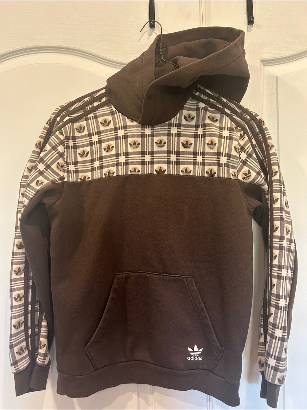 Adidas Originals Brown Hooded Pullover with Plaid Trefoil Panels